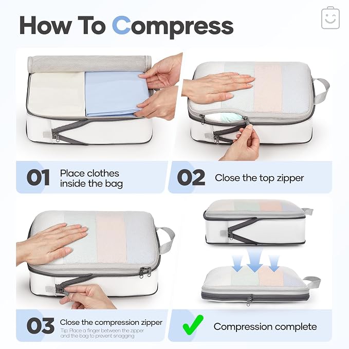 1/2/6/8/9/10/11 Set Compression Packing Cubes Garment Bags Garment Bag for Travel Essentials,White