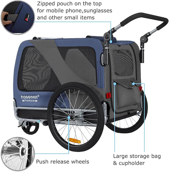 DOGGYHUT® Premium X Large Pet Bike Trailer & Stroller Up to 100 lbs (Blue) | Bicycle Trailer for Small Medium or Large Dogs, Dog Bicycle Carrier, Low Center of Gravity, Folding Frame Cart