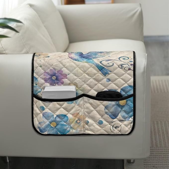 Blue Hummingbird Stretch Armrest Covers Couch Arm Cover Non-Slip Arm Rest Covers with 2 Pockets Armchair Slipcovers for Recliner Furniture Protector Home Decor