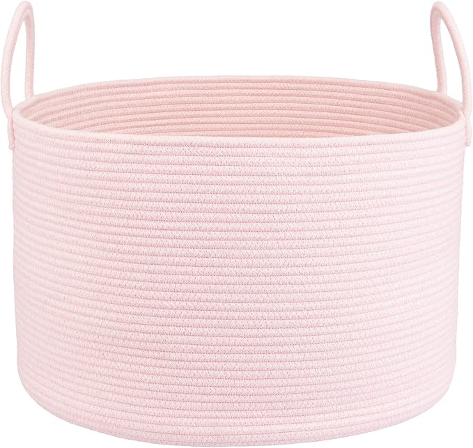 XUANGUO 66L Large Blanket Basket, Round Cotton Rope Basket, Light Pink | 20" x 13" Laundry Basket with Sturdy Handles for Blankets, Pillows and Toys; Storage for Living Room, Bedroom and Nursery