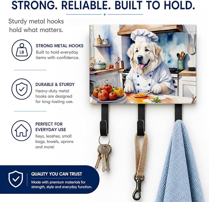 Caroline's Treasures Great Pyrenees The Chef Leash or Key Holder Wall Hooks, Key Hooks Holder, Coat Rack Wall Mount, Coat Hooks, Hooks for Hanging Keys, Towels, Aprons, Leashes | Great Pyrenees The Chef artwork on ceramic tile with three steel hooks fo...