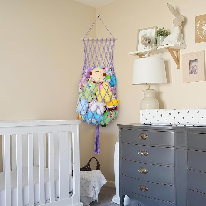 68 Inch Stuffed Animal Storage Net Corner Stuffy Hammock,Purple | Boho Macrame Large Toy Hammock for Stuffed Animals Organizer,Wall Ceiling Over Door Stuffy Storage Holder,Nursery Room Decor