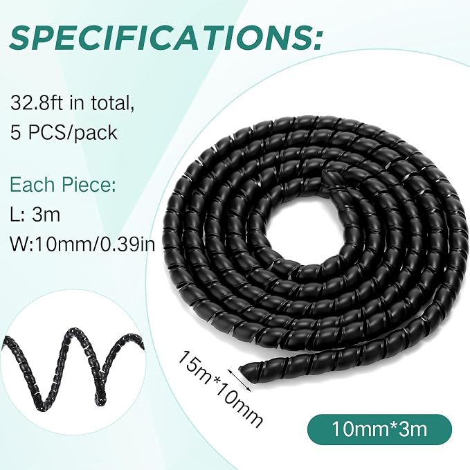 Flutesan Dog and Cat Cord Protector 49.2 ft 10 mm Spiral Cable Wire Wrap from Pets No Chew Cat Proofing Cords 5 Pcs/Pack for TV Computer Ebike Electrical Wire(Black)