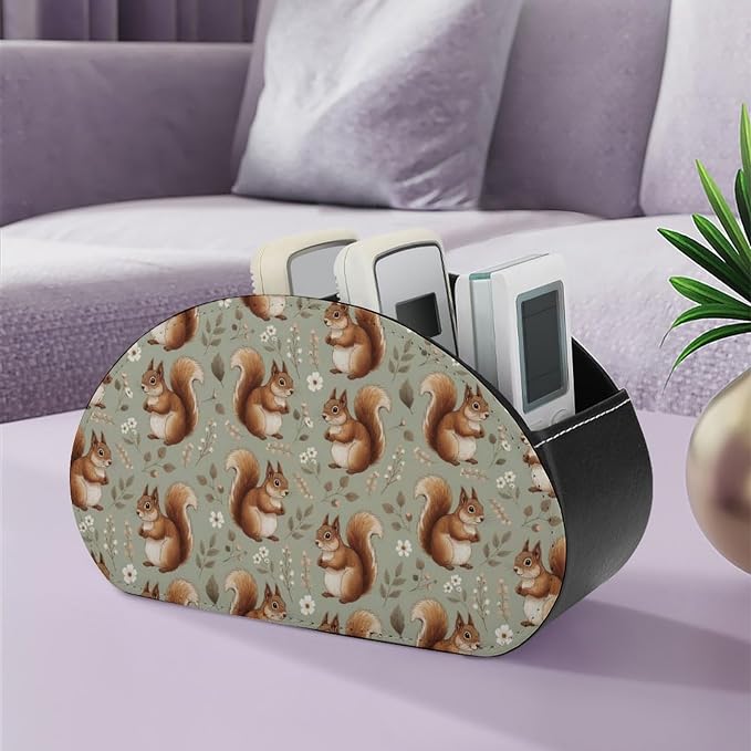 Pu Leather Remote Control Holder Box Squirrel Floral Desk Storage Caddy | with 5 Compartments, Squirrel Floral Office Supplies Table Decor for Media Player, Stationery, Makeup Brush