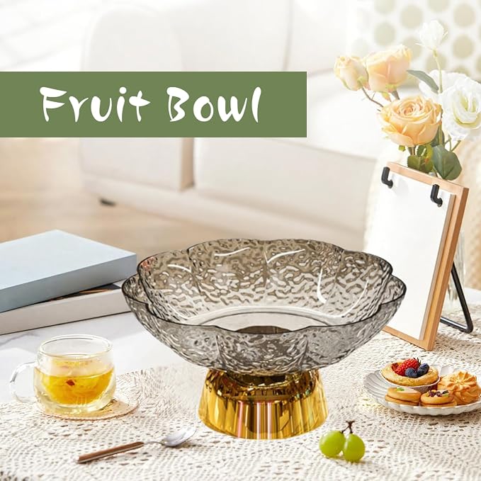 Fruit Bowl Pedestal Bowl Footed Wedding Fruit Stand Multipurpose Storage Organizer for Kitchen Counter Snack Bread Dessert, C Gray and Gold