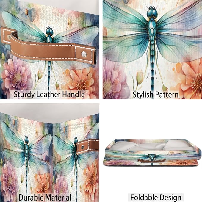 Floral Dragonfly Cube Storage Bin, 13 Inch Collapsible Fabric Storage Cubes Bin, Foldable Cube Baskets for Shelf, Closet, Organizer