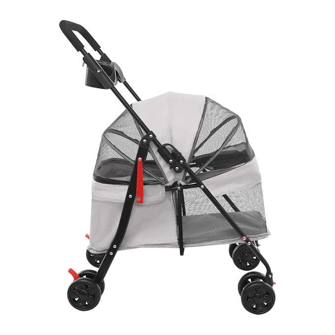 Pet Stroller for Small Medium Dogs Cats 40 lbs, Foldable Dog Stroller with Storage Basket and Cup Holder, Portable Pet Travel Cart with Breathable Mesh Canopy (Light Gray)
