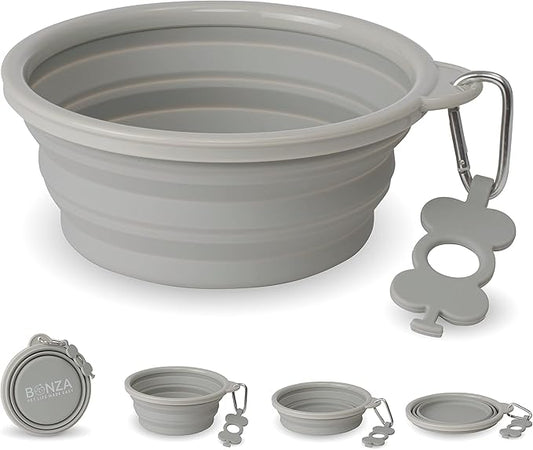 Bonza Collapsible Dog Bowls - X-Large 50 oz, Dog Travel Accessories, Silicone Portable Dogs Bowl & Water Dish with Reinforced Rim & Carabiner for Hiking, Camping, and Car Trips, Light Gray