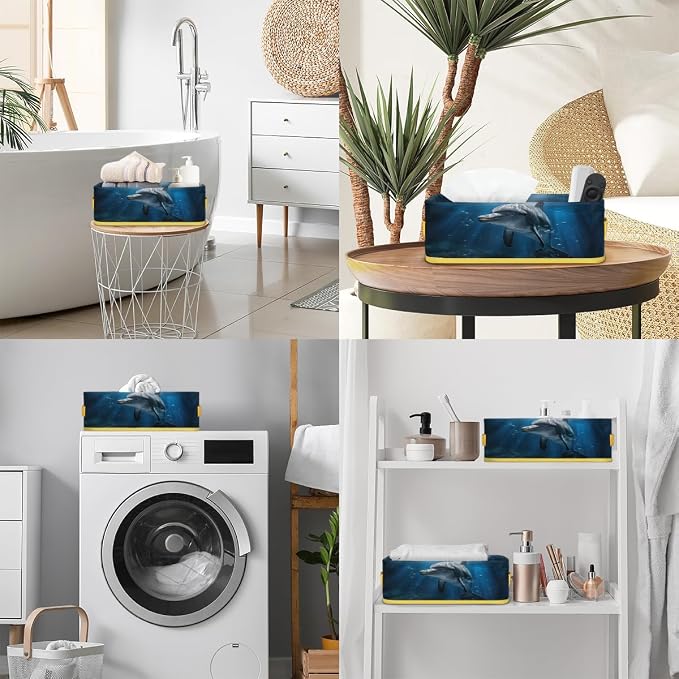 Sunshine Dolphin Undersea Bathroom Storage Basket, Foldable with Handle Open Countertop Paper Towel Decorative Box, Toilet Tank Top Shelf Baskets for Home Closet Bedroom Living Room Office