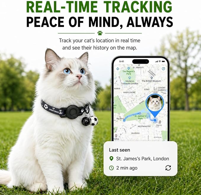 GPS Collar for Cats (Android Only) Pet Tracker, Soccer Style Smart Tag Compatible with Google Find My, Waterproof No Monthly Fee Cat Tracking Collar, Game Day Football Design for Pet Safety
