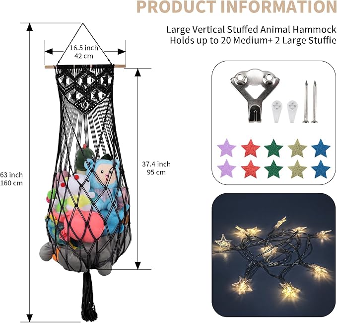 63Inch Stuffed Animal Storage Hammock Corner,Boho Plushie Net,Black | Wall Ceiling Over Door Hanging Hammock for Stuffed Animals,Macrame Stuffy Storage Holder w/Star Lights,Nursery Playroom Decor