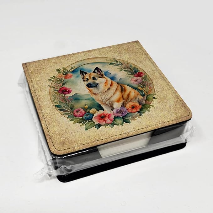 Caroline's Treasures Norwegian Buhund and Flowers PU Leather Note Paper Holder with Artist-Designed Cover, Desk Accessory, Office Gift