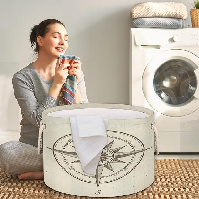Large Storage Baskets - Vintage Nautical Compass Nursery Organizer Bin Box with Handles Collapsible Round Laundry Hamper for Kids Toys Pet Blanket, Bedroom Living Room Home Decor Gift Basket