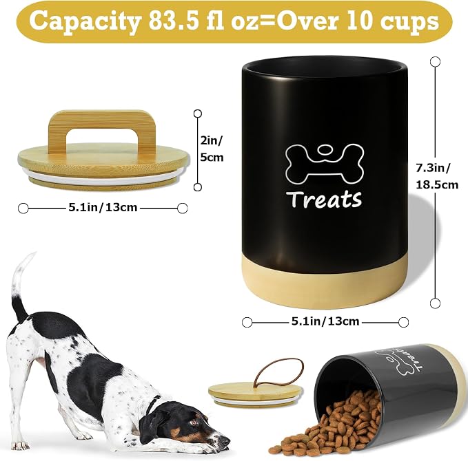 Dog Treat Container Airtight - 5 Inch Wide x 8.7 Inch Black Ceramic Dog Treat Jar for Kitchen Counter, Doggie Cookie Jar with Airtight Bamboo Lid - Farmhouse Style Dog Food Storage Container