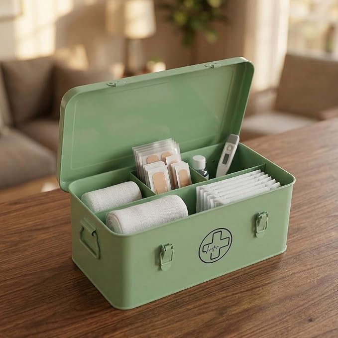 First Aid Medicine Box, First Aid Kit Supplies Bin, Metal Medicine Storage Tin, First Aid Empty Box with Safety Lock for Home Emergency Tool Set-Green