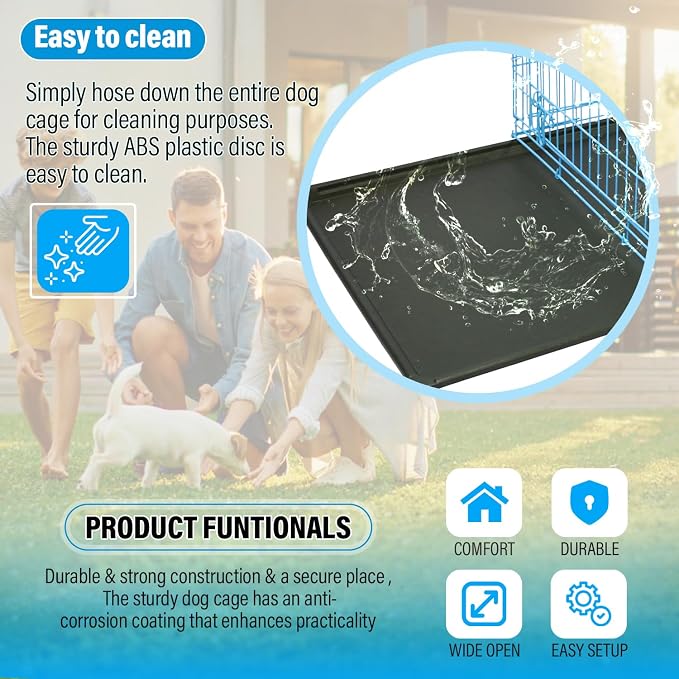 Dog Crate Dog Cage Dog Kennel Outdoor Metal Wire Double-Door Folding Pet Animal Pet Cage for Small Dog 24 inches with Plastic Tray and Handle,Blue