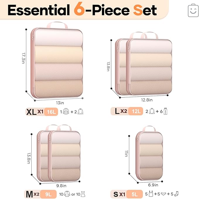 Veken 6/9/11 Set Compression Packing Cubes Garment Bags for Travel Essentials,Compressible Expandable Luggage Organizer Bags for Clothing,Space Saver Bags with Over 1000 pcs of Mesh Holes(Beige)