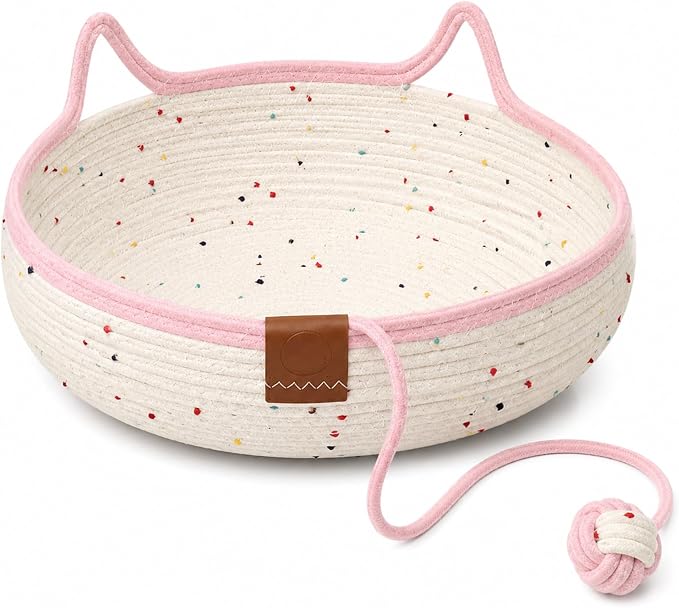 Cat Basket Bed with Cushion and Hanging Ball Toy, Handwoven Cotton Rope Cat Bed Basket, Boho Nesting Pet Bed for Kittens Puppies Scratchable Woven Cat Nest Lounger Sleeping & Playing，E：Medium