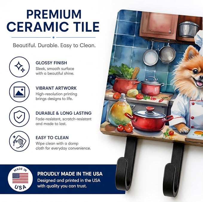 Caroline's Treasures Pomeranian The Chef Leash or Key Holder Wall Hooks, Key Hooks Holder, Coat Rack Wall Mount, Coat Hooks, Hooks for Hanging Keys, Towels, Aprons, Leashes | Pomeranian The Chef artwork on ceramic tile with three steel hooks for keys, ...