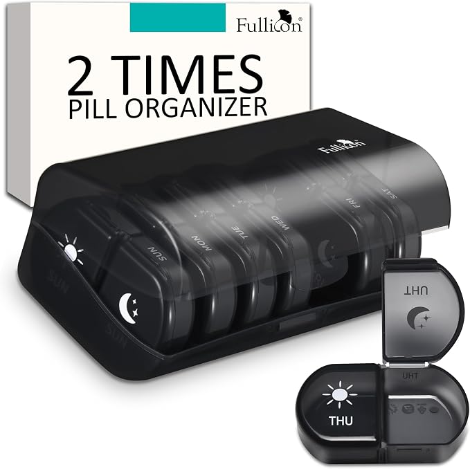 Fullicon Large Capacity Pill Organizer, Secure Pill Case with Durable Printing, Spill Proof Daily Pill Organizer, 7 Day Pill Box Organiser Travel Pill Organiser (Black) | Each Compartment Holds 6 Fish Oils or 10 Vitamins, One Finger Open Lid, Double Se...