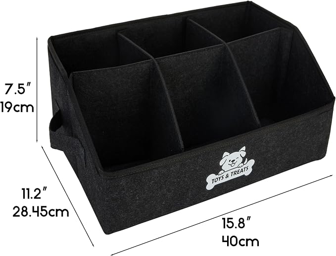 Dog Treat Container with Removable Dividers, Dog Treat Storage and Organizer for Countertop, Collapsible Pet Treats Containers, Dog Toy Basket for Pet Supplies and Treats (Dark Grey)