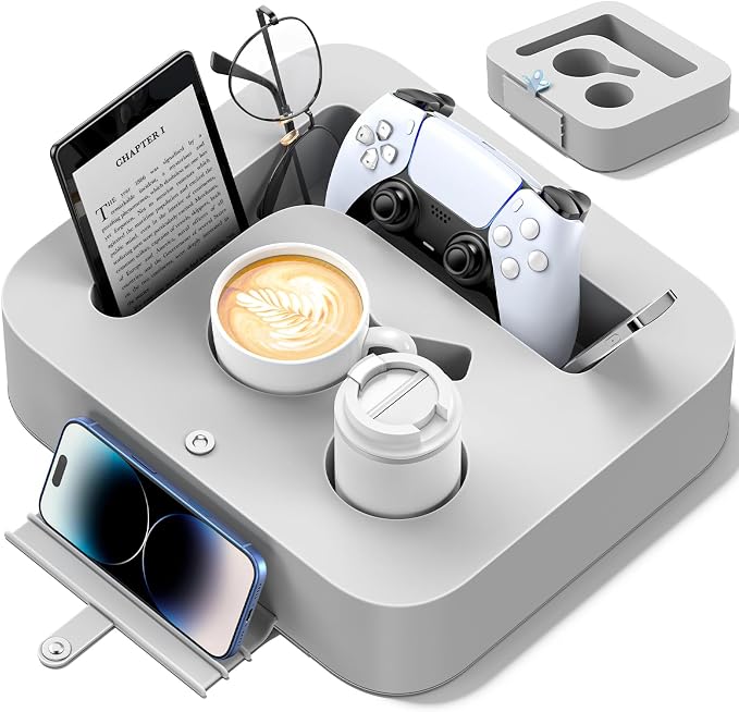 Couch Cup Holder Pillow, Silicone Couch Cup Holder Tray, Couch Caddy for Bed, Car, Desk with Sofa, Snack, Remote, Game Controller, Couch Organizer for Phone Pad Kindle, Gray