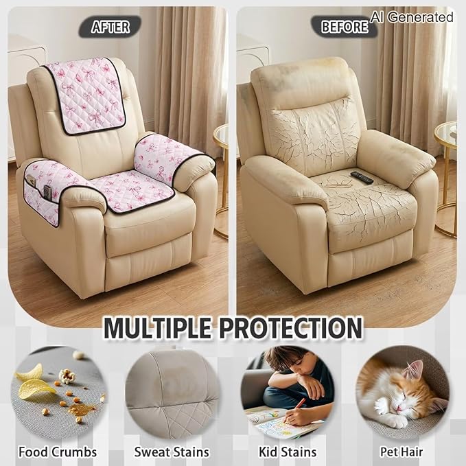 Pink Bow Recliner Slip Covers that Stay in Place 4 Piece | Quilted Recliner Chair Covers with Arms Stain Resistant Recliner Cover for Reclining Sofa Armchair,Non-Slip
