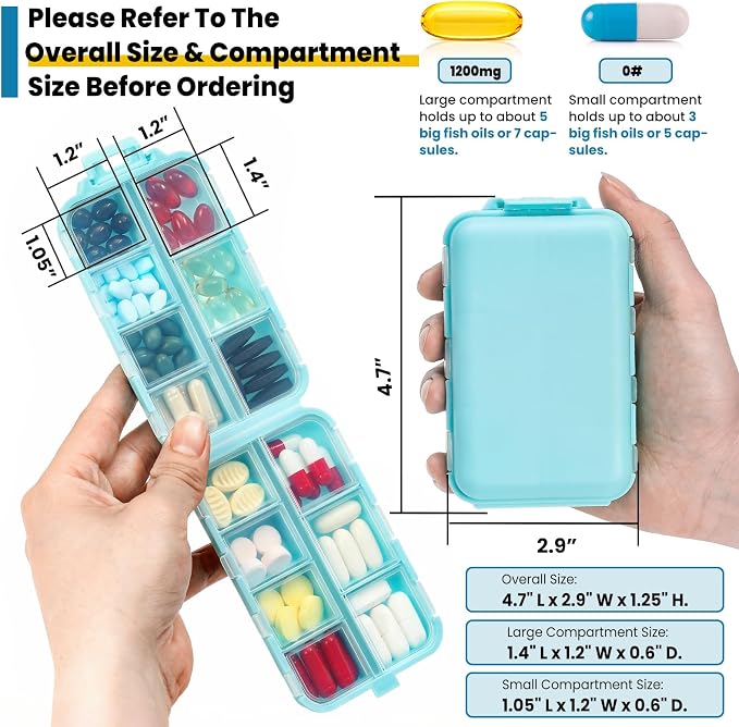 14 Grids Travel Pill Organizer Box with 415-Pcs Medicine Name Labels - Pocket Daily Pharmacy Case Container Kit - Travel Medication Holder Dispenser for Fish Oil Vitamin Supplement Storage - Sky Blue