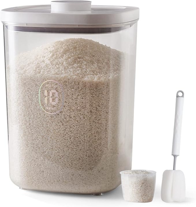 20-25 lbs Rice Dispenser,10.5 Qt/10 L/22-25 lbs Rice Container Storage with Measuring Cup & Brush Food Cereal Container Bins Household for Kitchen Pantry Organization (AY-10KG-WHITE) | 10.5 Qt/10 L/22-25 lbs, Food Container Storage Cereal Bins Househol...