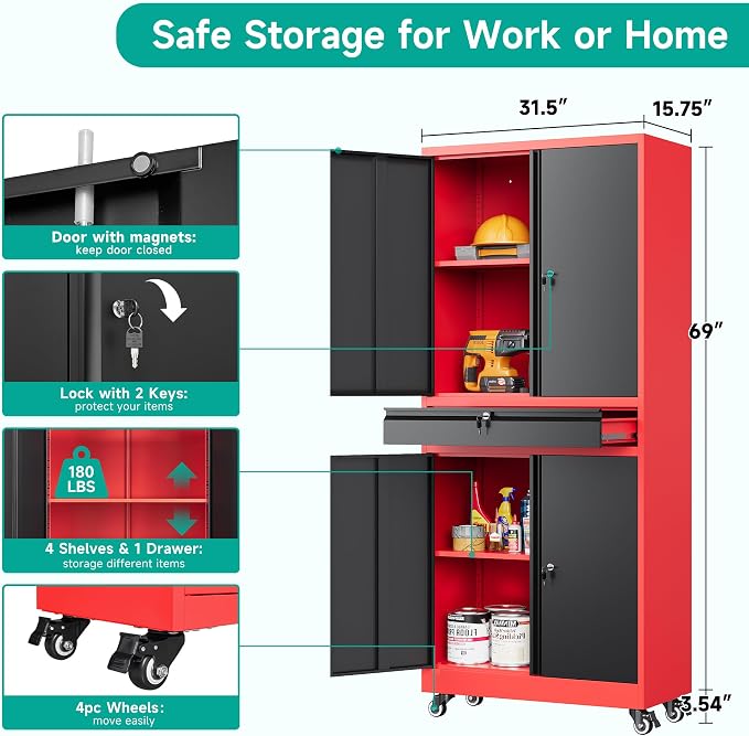 Metal Storage Cabinet with Wheels and Drawer,Rolling Garage Storage Cabinet with Lock,Black Red Metal Cabinets with Wheel,73" Mobile Tall Tool Cabinets on Wheel for Home,Office,Garage,Shop