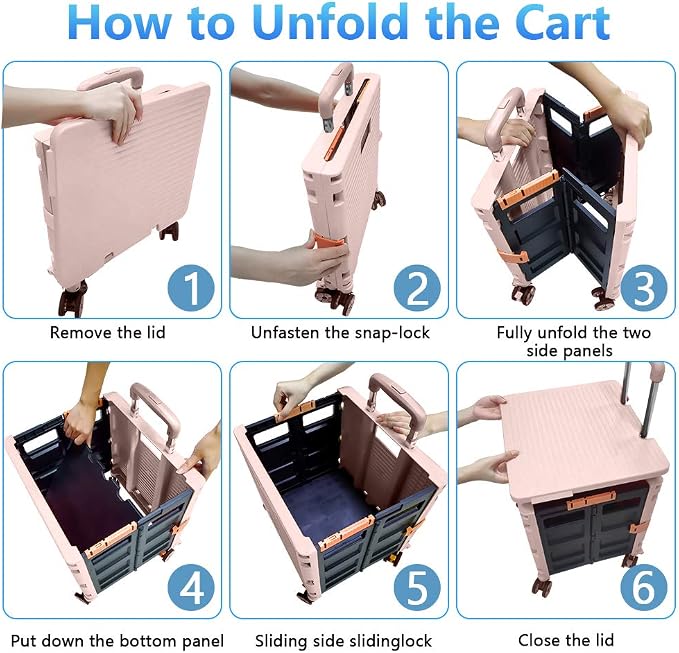 FELICON SELORSS Foldable Utility Cart Folding Portable Rolling Crate-Pink | Durable,Heavy Duty,Plastic Box,Telescoping Handle,4 Rotate Wheels,Collapsible Handcart for Travel Shop Move Luggage Office
