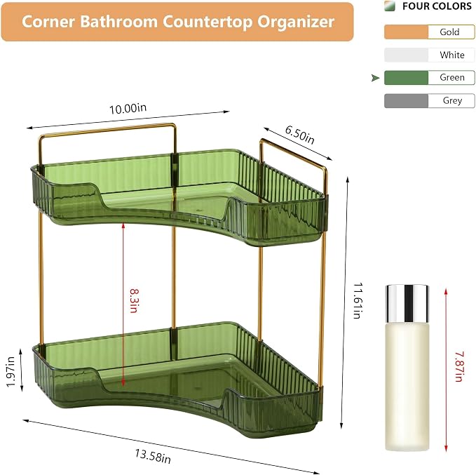 Corner Bathroom Counter Organizer Bathroom Countertop Shelf Makeup Organizer for Vanity Perfume Tray for Corner Storage (2 Tiers, Green)