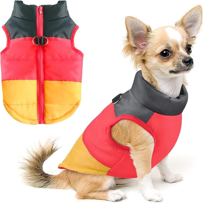Idepet Pet Dog Cat Coat with Leash Anchor Color Patchwork Padded Puppy Vest Jacket Teddy Chihuahua Costumes Pug Cloth XS S M L (Medium (Pack of 1), Yellow)