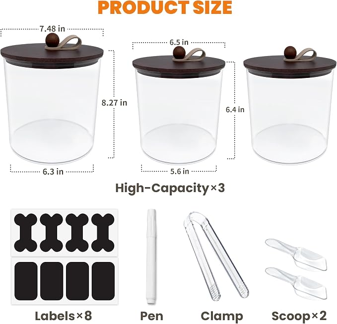 HOYTAMDAR 3 Pack Airtight Dog Treat Containers Bamboo Lids, Dog Treat Jars | Dog Food Storage Container with Scoops, Clamps, Labels and Marker, Dog & Cat Treat Holder