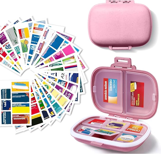 iouwei 7 Day Pill Container with Medicine Labels - Mini Medication Organizer, Travel Essentials, 161 Labels (Pink)