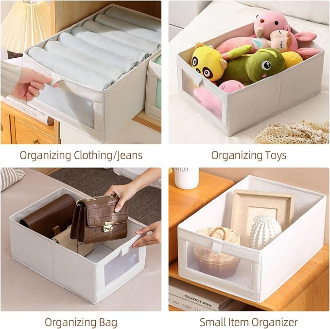 Pradnel Linen Closet Organizers And Storage, 4 Pack Storage Bins Baskets for Organization Foldable Organizer with Clear Window Organizing Clothing, Jeans, Shelves