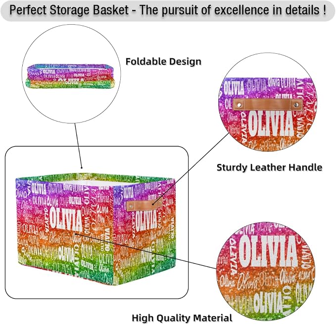 Custom Name Storage Bin, Bright Colorful Rainbow Sequins Glitter | Organizing Boys Girls Pets Toys Closet Shelf Clothes Books