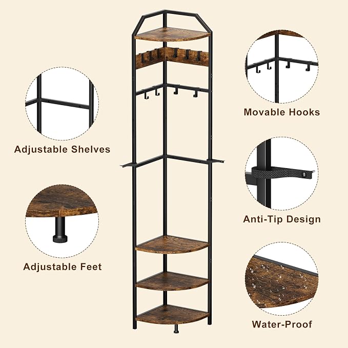 X-cosrack Corner Hall Coat Tree Freestanding with 10 Movable Hook, Shelf-Adjustable Coat Rack Stand for Purse, Hat, Bag and Shoe, Narrow for Small Space Living Room Bedroom Office Entryway Storage