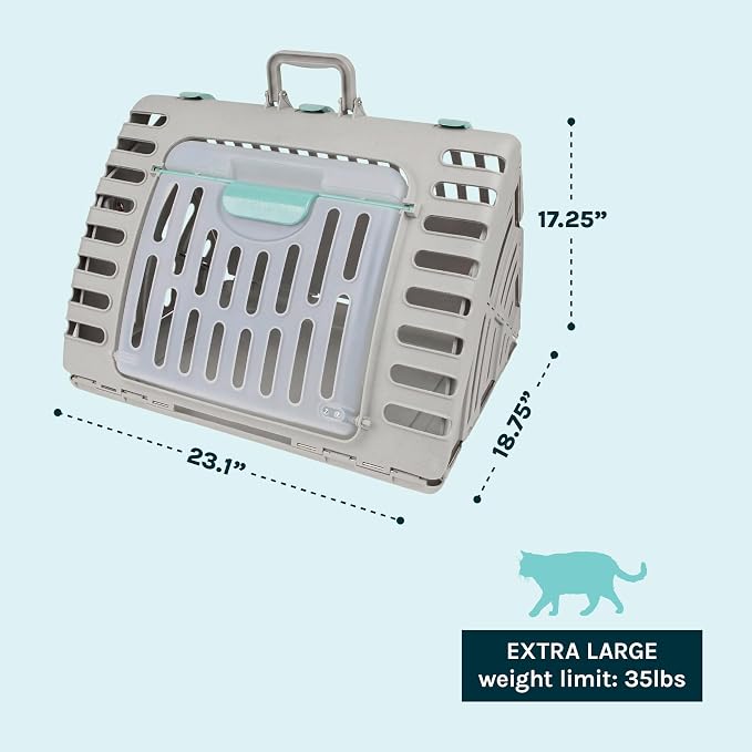 SportPet X-Large Hard-Sided Travel Cat Carrier - Cat Carrier with Patented Wide Side-Opening Door, Foldable Portable Pet Carrier with Removable Bed for Cats & Small Pets up to 35lbs - Gray