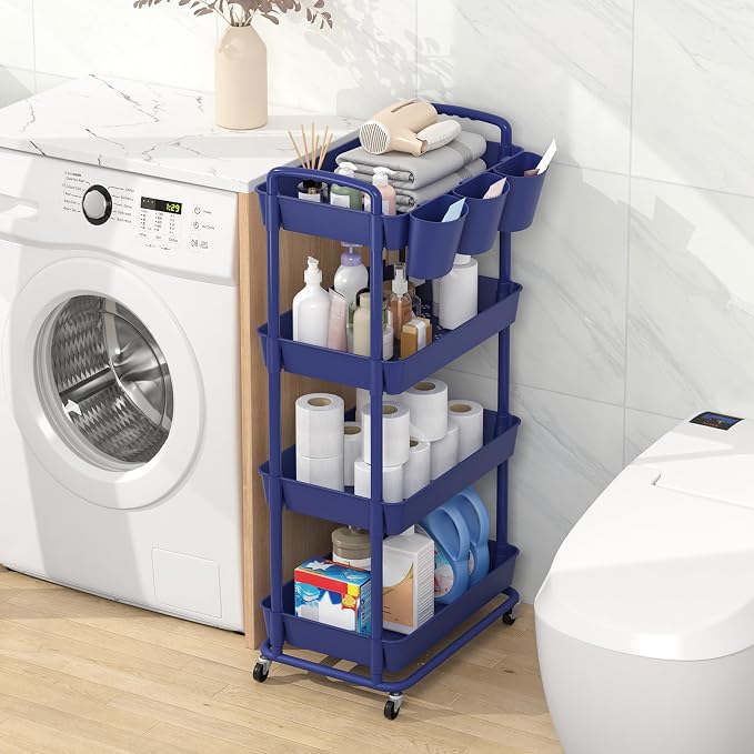 4-Tier Plastic Rolling Storage Cart Utility Cart Blue | Utility Cart with Extra Hanging Cups Arc-Shaped Handles Lockable Wheels for Living Room Bathroom Kitchen Office