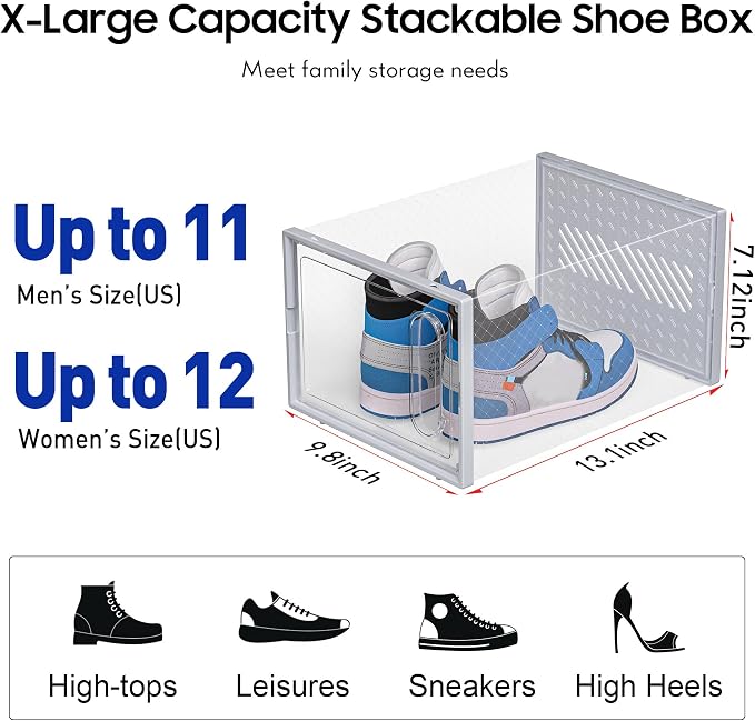 Large Shoe Organizer Storage Box with Magnetic Door,12 Pack Clear Plastic Stackable Sneaker Containers for Closet, Connect Left and Right Shoe Box for Entryway, Drop Front, Under Bed (Grey)