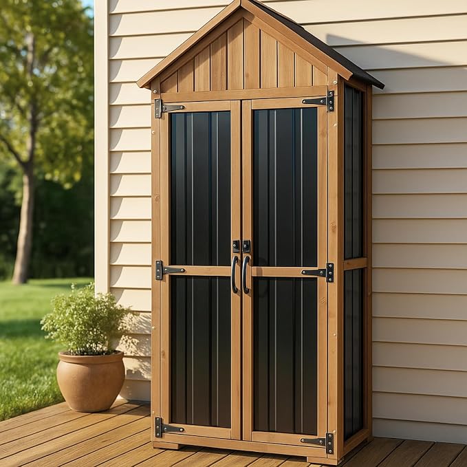 Ketive Outdoor Storage Cabinet, Wood & Metal Storage Shed with Weather-Resistant Roof, Adjustable Shelf, Lockable Doors & Adjustable Feet, for Garden, Patio, Backyard, 27.5" x 13" x 67"