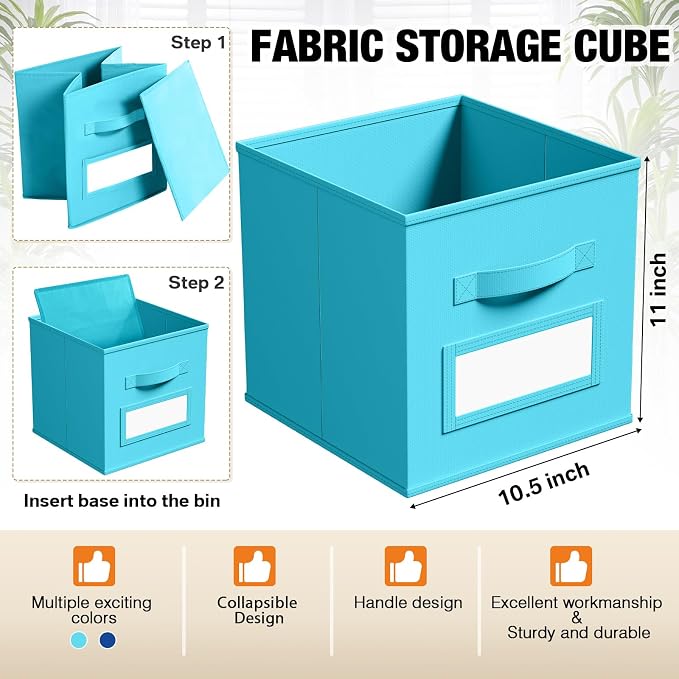 Teenyyou 10 Pack Fabric Storage Cubes 11 Inch Collapsible Cube Bins with Label Window & Handle Foldable Organizers Baskets for Shelf Closet Nursery Kids Room Clothes Book Toy(Lake Blue, Navy Blue)