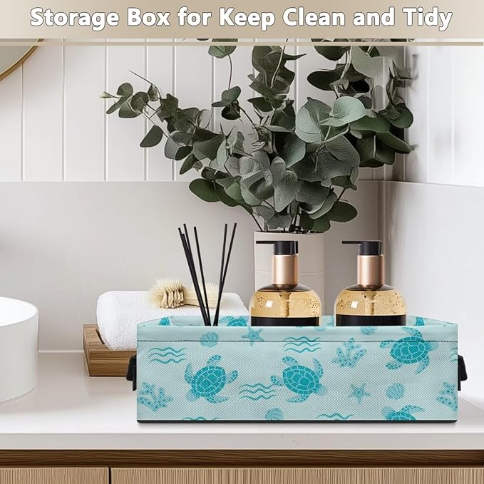 Sea Turtle Print Toilet Tank Topper Papper Basket for Back of Toilet with Handle, Decorative Shelf Bins, Versatile Bathroom Basket Toilet Paper Organizer Bathroom Decor