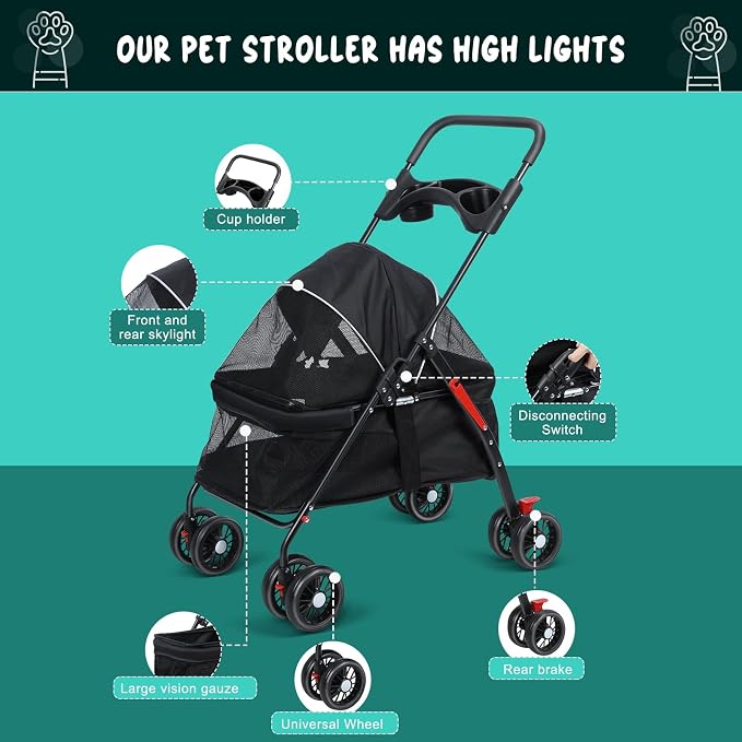 4-Wheel Pet Stroller, Dog and Cat Stroller, Breathable Visible Mesh, Lightweight Travel Carrier, Waterproof & Foldable Design, Storage Organizer and Cup Holder, for Daily Walks & Outdoor Use Black
