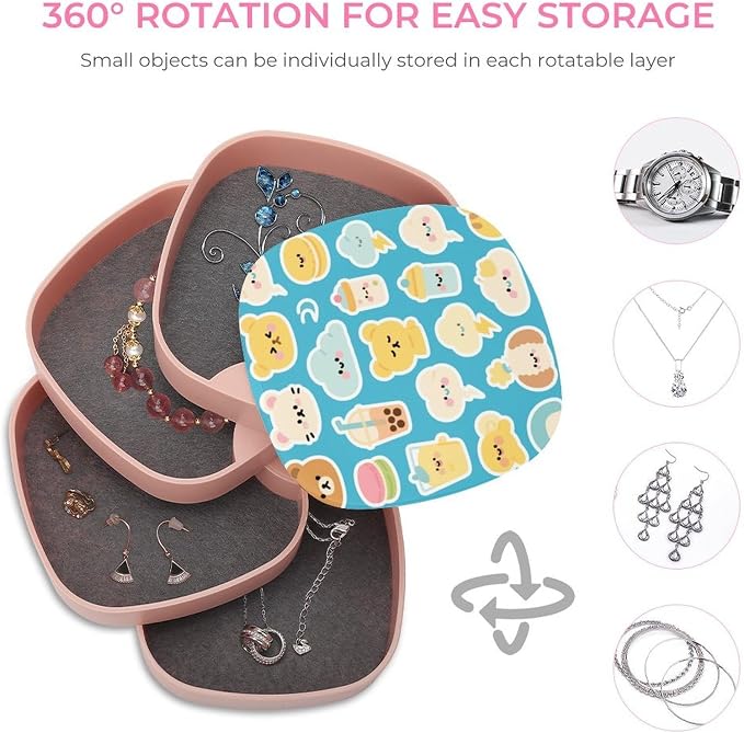 Blue Drink Pets Rotating Jewelry Box Jewelry Organizer | ABS 4-Layer Rotating Jewelry Organizer with Mirror Portable Travel Jewelry Case Anti-slip Base for Women Desktop Gift