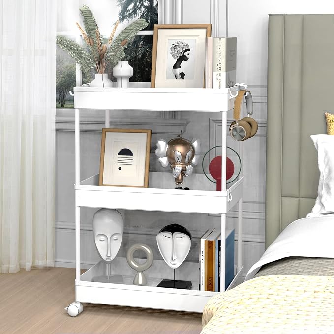 3 Tier Rolling Cart with Wheels, Storage Craft Art Trolley Organizer Serving, 3 Hanging Baskets Easy Assembly, for Office, Bathroom，Living Room, Kitchen, White
