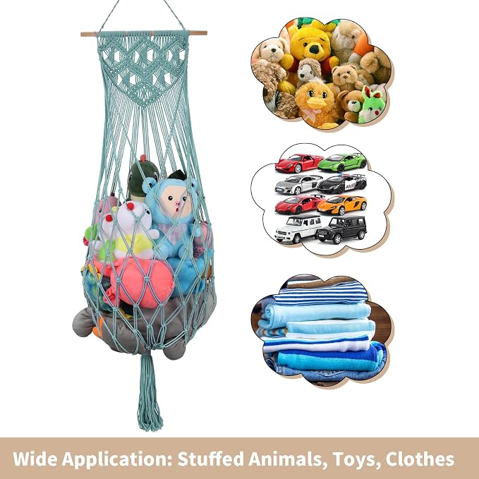 63 Inch Stuffed Animal Storage Hammock Corner, Stuffy Plushie Net,Turquoise | Wall Ceiling Over Door Hanging Hammock for Stuffed Animals,Boho Macrame Stuffy Storage Holder w/Star Light,Nursery Room Decor