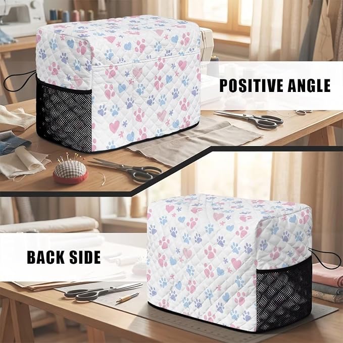 Sewing Machine Cover Polyester Febric Cute Paw Heart Print | Dust Pet Hair Protection,Quilting Design,Fits Standard Singer,Brother Janome Machines,Protecting Decorating Your Sewing Space