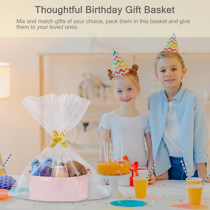 Small Empty Gift Basket with Bag & Ribbons, Light Pink | 12“x8”x5”, Cotton Rope Woven Basket for Birthdays, Baby Showers, Mother's Day, Christmas; Stores Small Items, Kids & Pet Toys